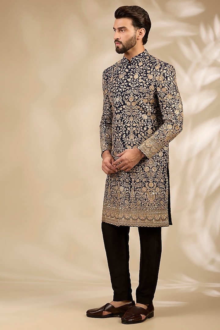 Blue Georgette Zari Embroidered Wedding Sherwani Set by TushPosh at Pernia's Pop Up Shop