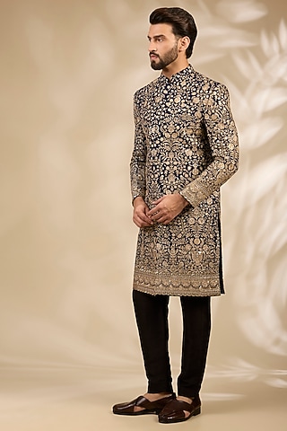 Blue Georgette Zari Embroidered Sherwani Set by TushPosh