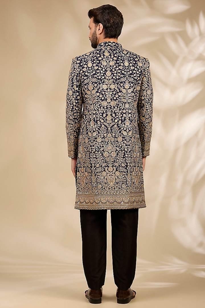 Blue Georgette Zari Embroidered Wedding Sherwani Set by TushPosh at Pernia's Pop Up Shop