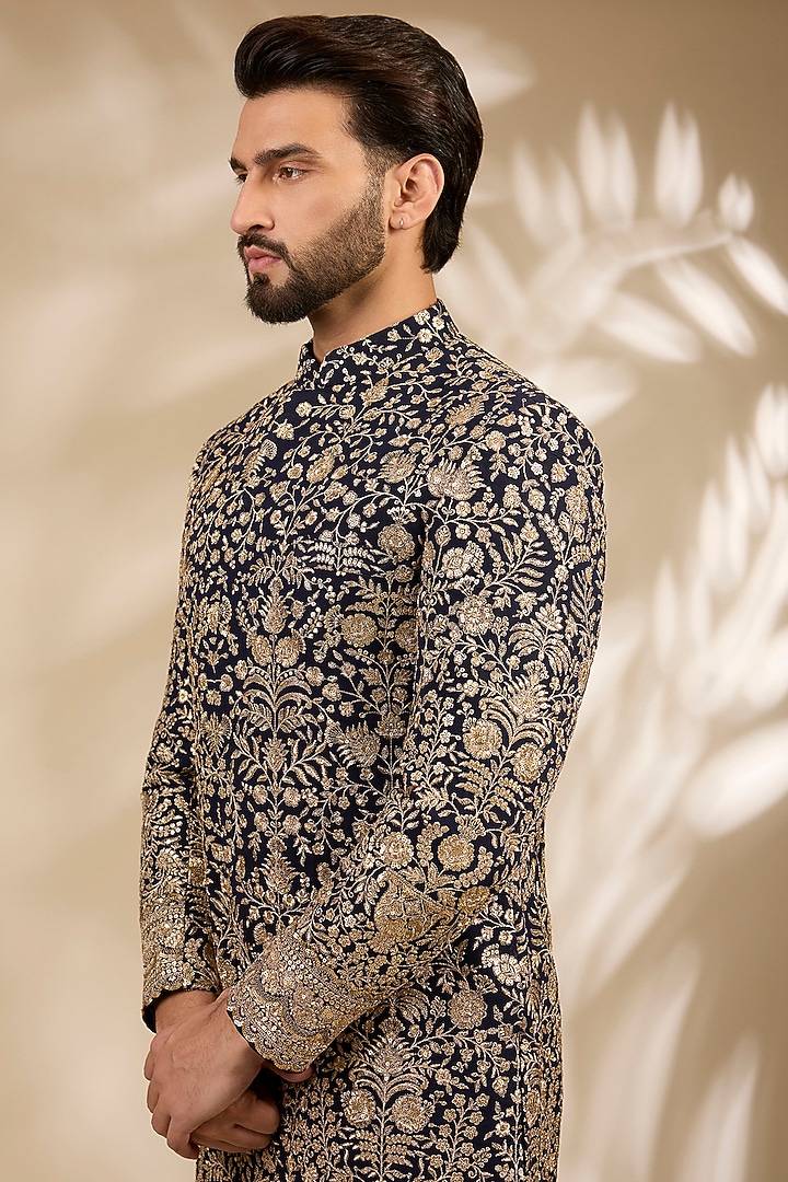 Blue Georgette Zari Embroidered Wedding Sherwani Set by TushPosh at Pernia's Pop Up Shop