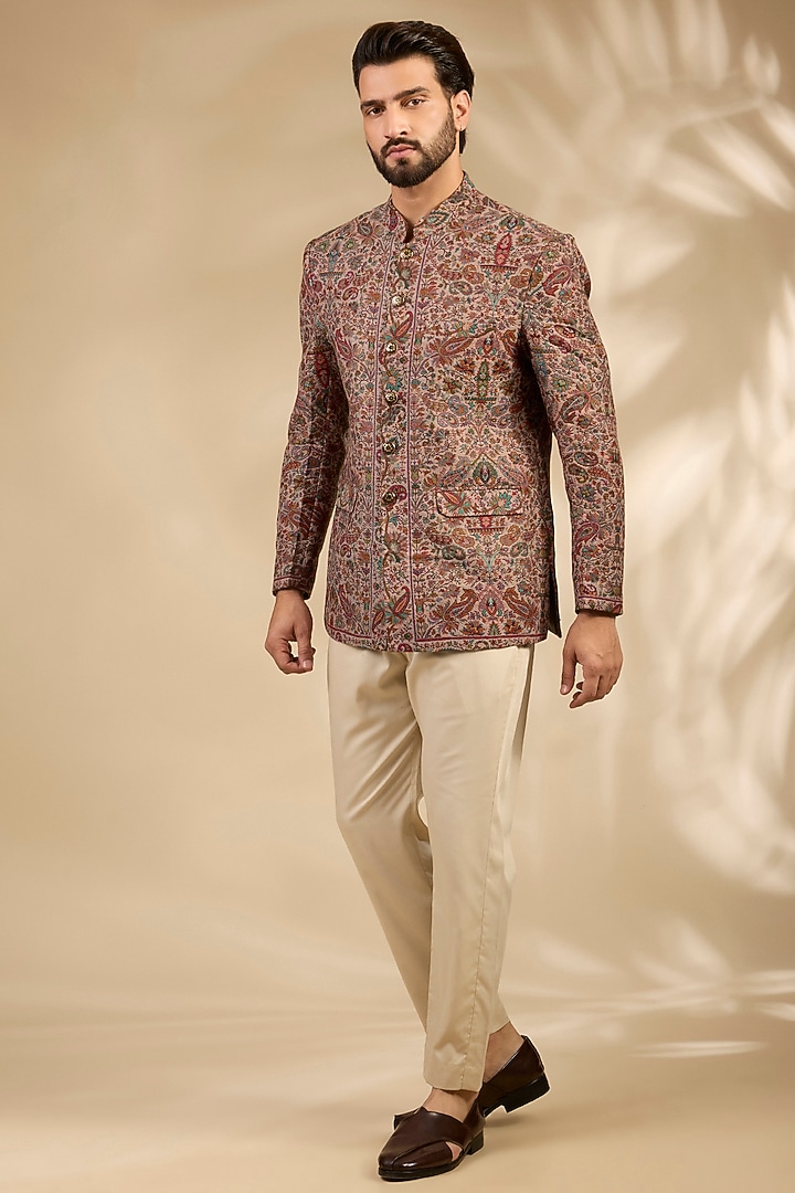 Beige Viscose Bandhgala Set by TushPosh at Pernia's Pop Up Shop