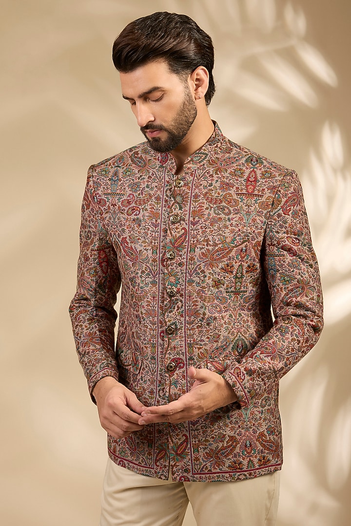 Beige Viscose Bandhgala Set by TushPosh at Pernia's Pop Up Shop