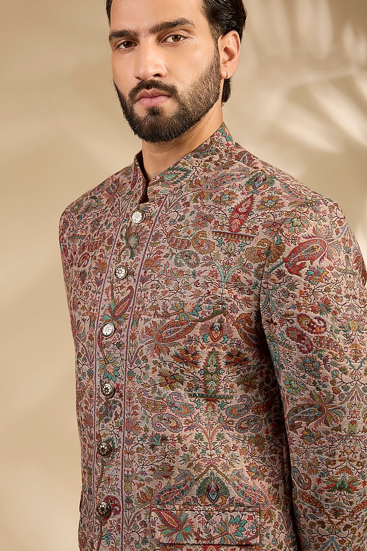 Beige Viscose Bandhgala Set by TushPosh at Pernia's Pop Up Shop