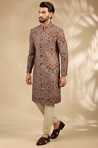 Beige Viscose Sherwani Set by TushPosh