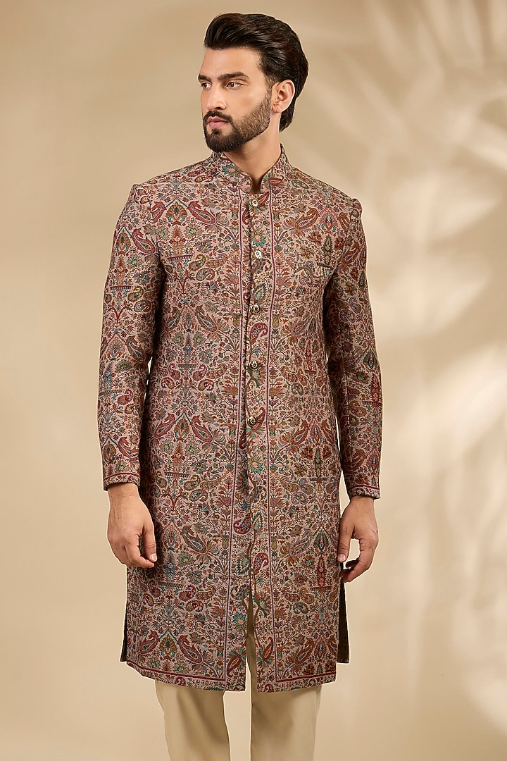 Beige Viscose Wedding Sherwani Set by TushPosh at Pernia's Pop Up Shop