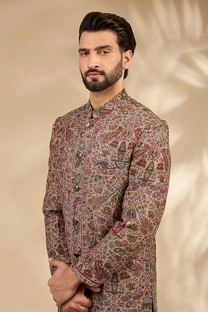 Beige Viscose Wedding Sherwani Set by TushPosh at Pernia's Pop Up Shop