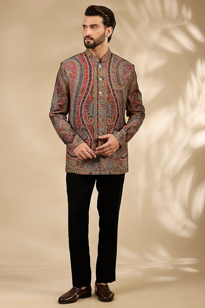 Black Viscose & Polywool Sherwani Set by TushPosh at Pernia's Pop Up Shop