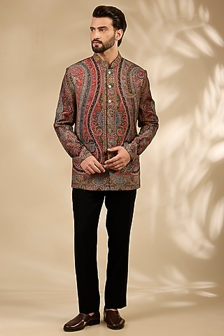 Black Viscose & Polywool Sherwani Set by TushPosh