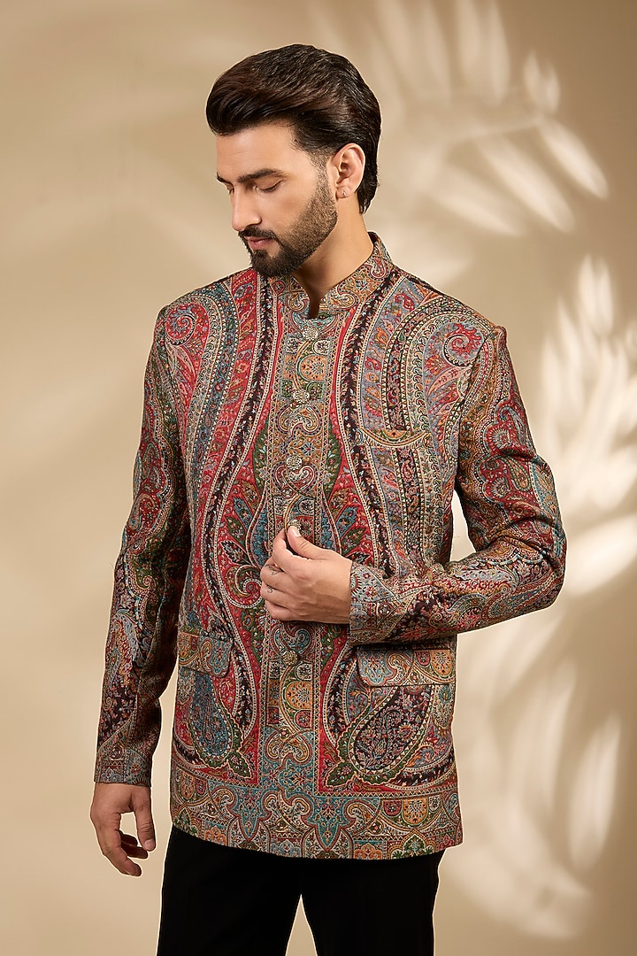 Black Viscose & Polywool Sherwani Set by TushPosh at Pernia's Pop Up Shop
