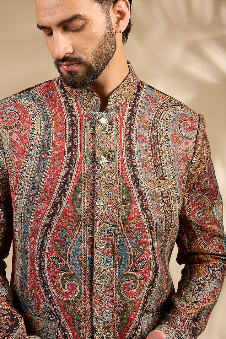 Black Viscose & Polywool Sherwani Set by TushPosh at Pernia's Pop Up Shop