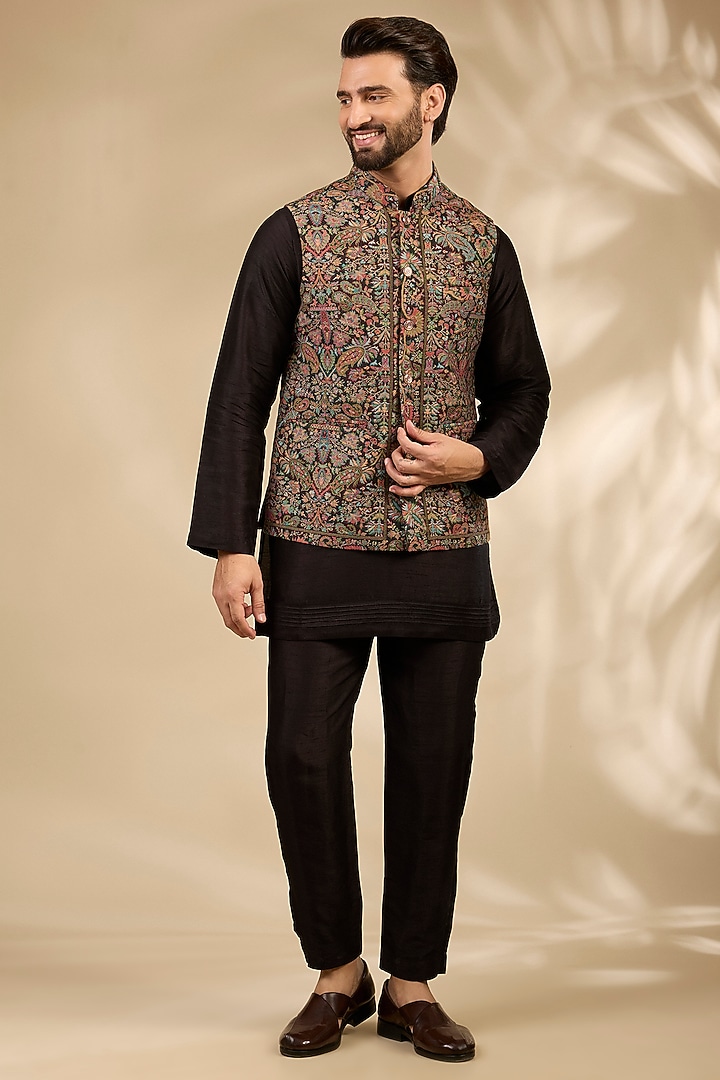 Black Viscose & Polyester Bundi Jacket Set by TushPosh at Pernia's Pop Up Shop