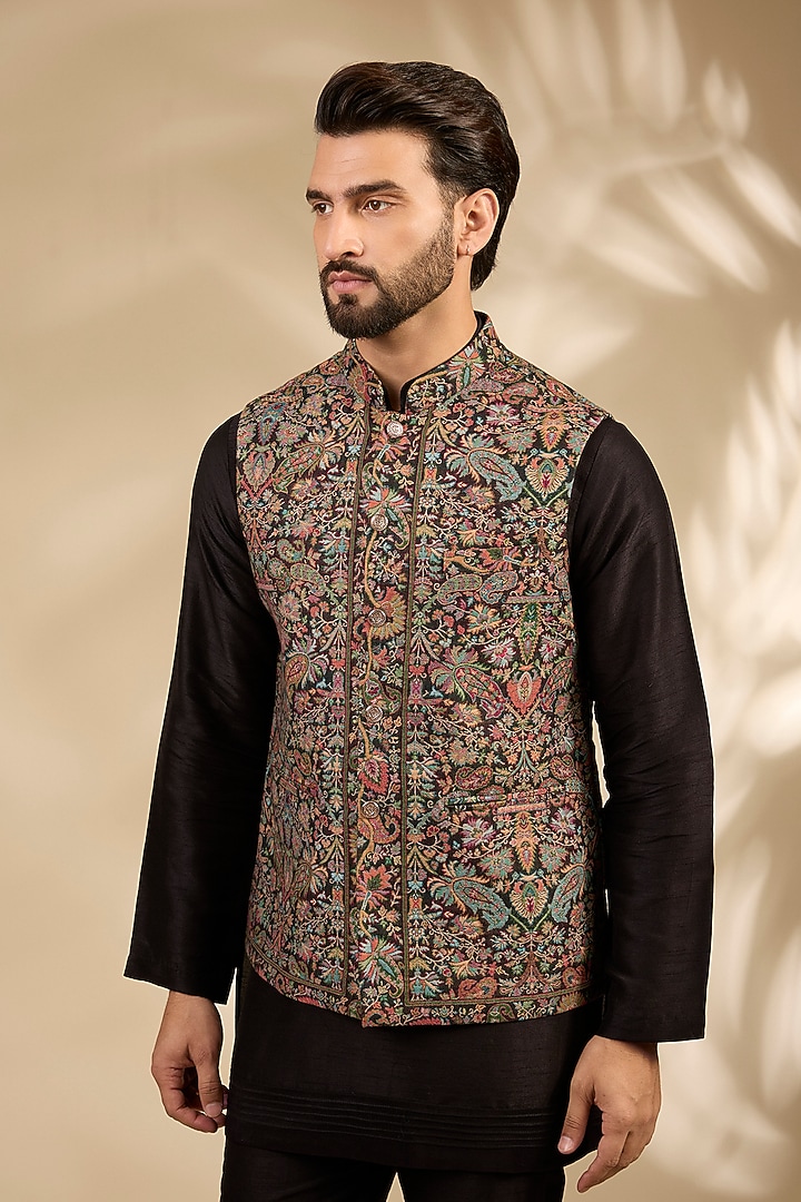 Black Viscose & Polyester Bundi Jacket Set by TushPosh at Pernia's Pop Up Shop