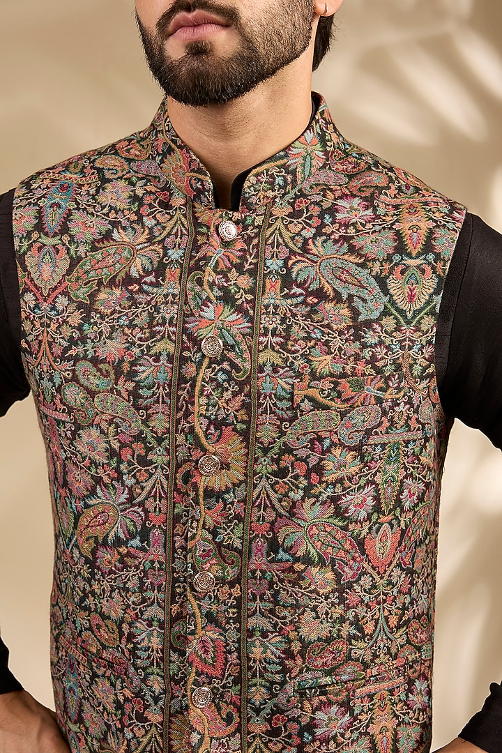 Black Viscose & Polyester Bundi Jacket Set by TushPosh at Pernia's Pop Up Shop
