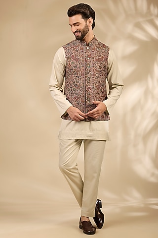 Beige Viscose & Polyester Bundi Jacket Set by TushPosh