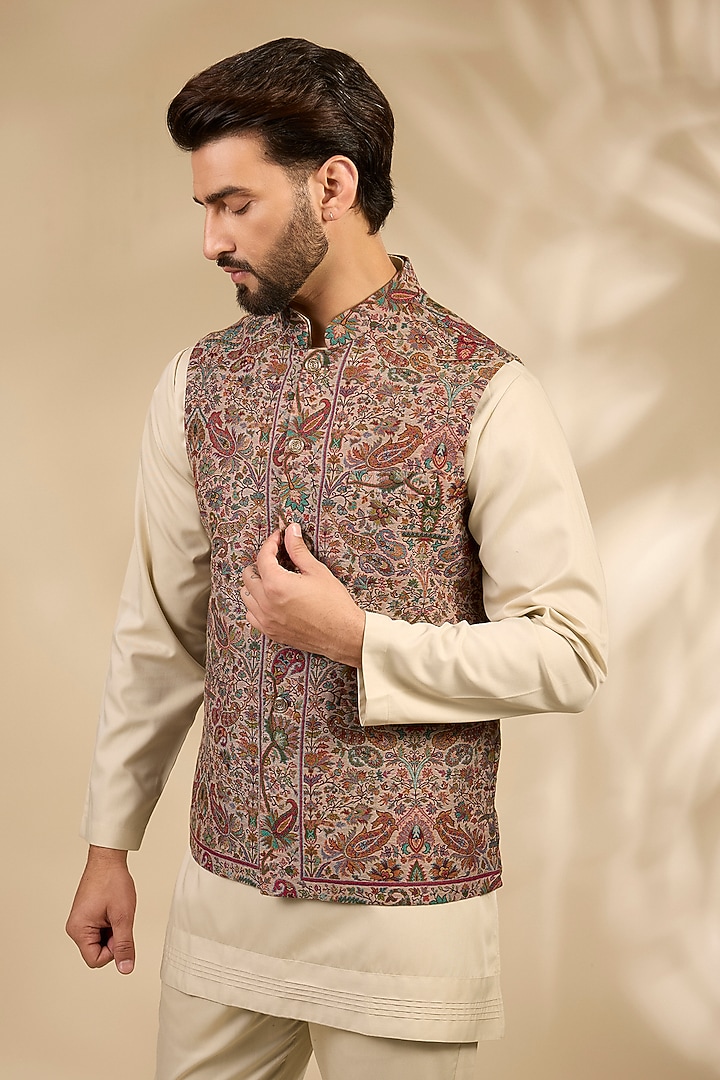 Beige Viscose & Polyester Bundi Jacket Set by TushPosh at Pernia's Pop Up Shop