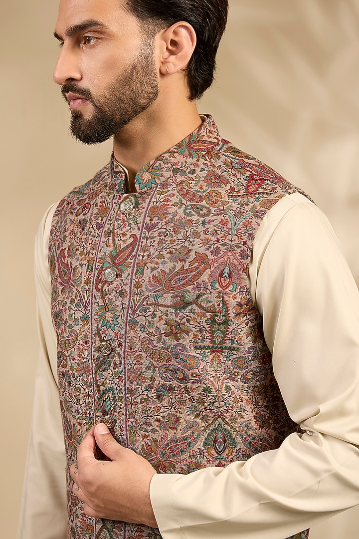 Beige Viscose & Polyester Bundi Jacket Set by TushPosh at Pernia's Pop Up Shop