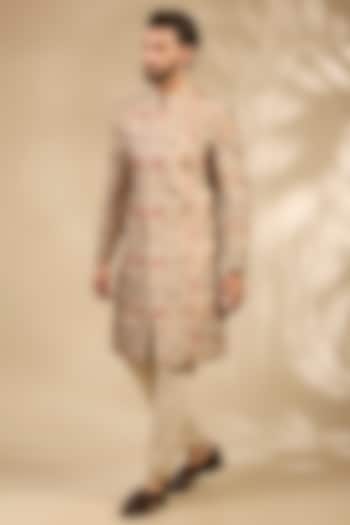 Beige Viscose Floral Embroidered Wedding Sherwani Set by TushPosh at Pernia's Pop Up Shop