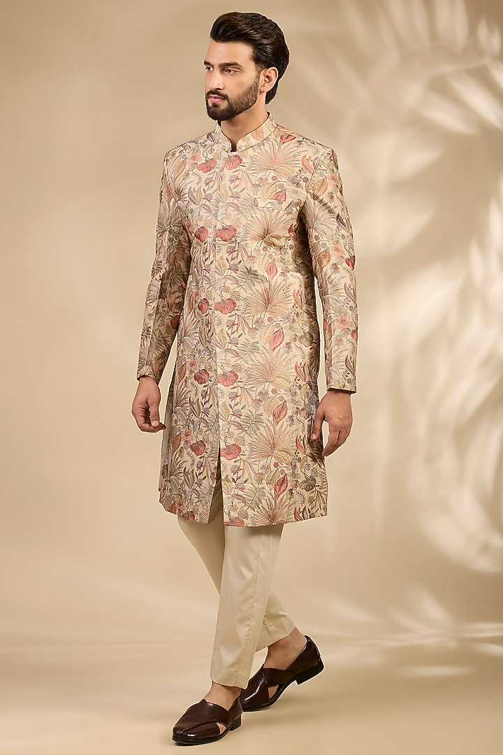 Beige Viscose Floral Embroidered Wedding Sherwani Set by TushPosh at Pernia's Pop Up Shop