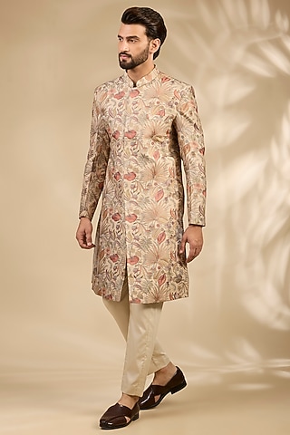 Beige Viscose Floral Embroidered Sherwani Set by TushPosh