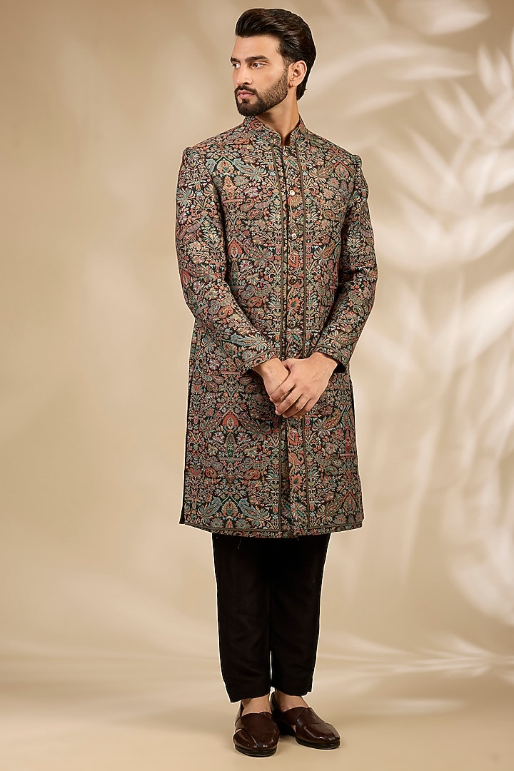 Black Viscose Wedding Sherwani Set by TushPosh at Pernia's Pop Up Shop