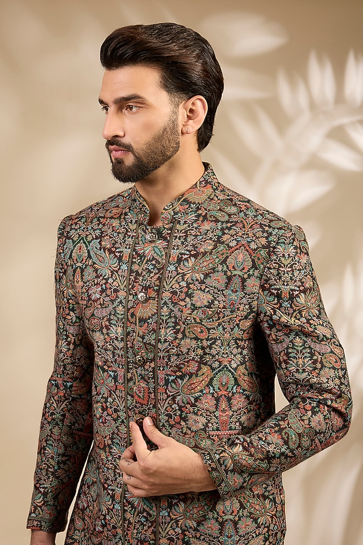 Black Viscose Wedding Sherwani Set by TushPosh at Pernia's Pop Up Shop