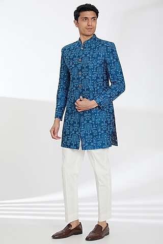 Blue Viscose Paisley Embroidered Achkan Set by TushPosh