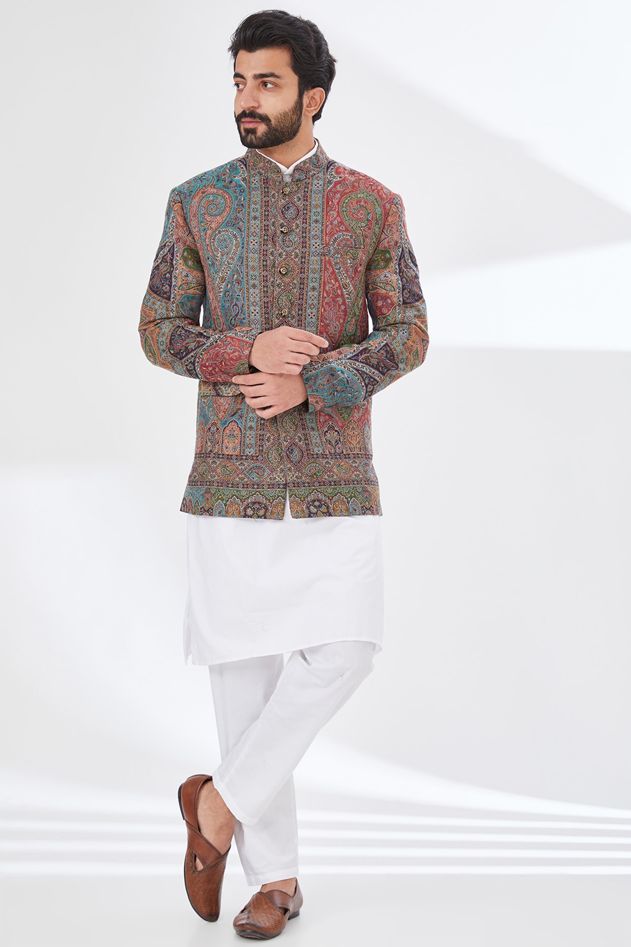 TushPosh Multi-Colored Polyester Yarn Printed & Embroidered Bandhgala