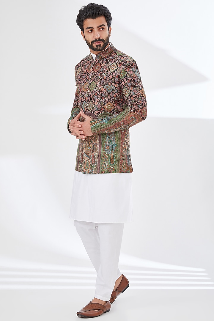 Multi-Colored Polyester Yarn Printed & Embroidered Bandhgala by TushPosh