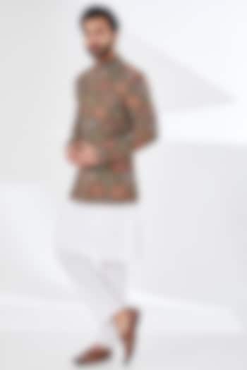 Green Polyester Yarn Printed & Embroidered Bandhgala by TushPosh at Pernia's Pop Up Shop