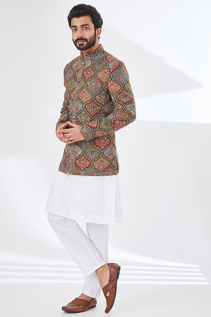 Green Polyester Yarn Printed & Embroidered Bandhgala by TushPosh at Pernia's Pop Up Shop