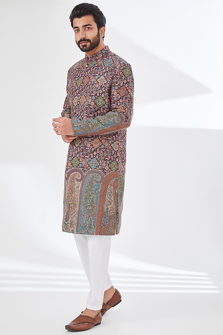 Multi-Colored Polyester Yarn Printed & Embroidered Sherwani by TushPosh at Pernia's Pop Up Shop