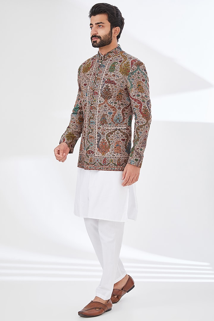 Beige Polyester Yarn Printed & Embroidered Bandhgala by TushPosh at Pernia's Pop Up Shop