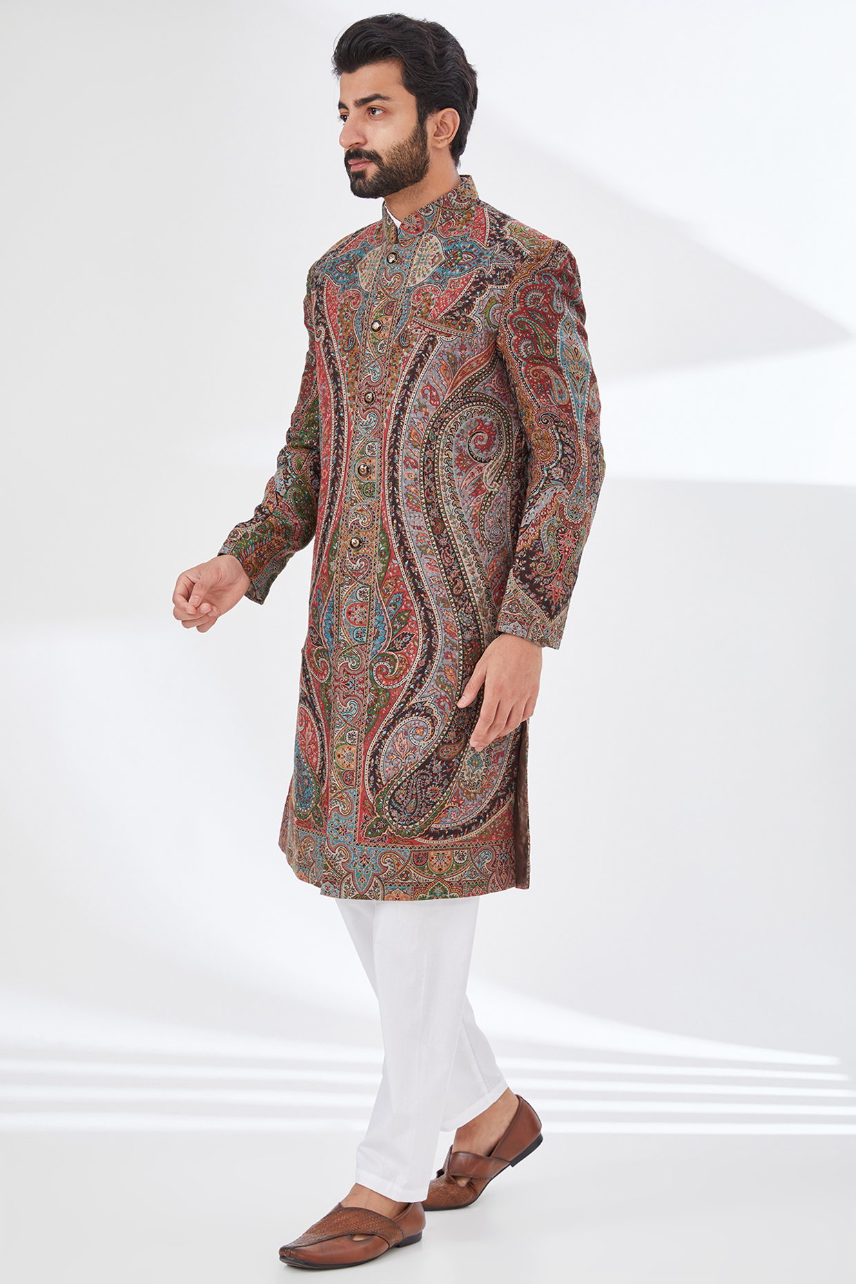 Multi-Colored Polyester Yarn Printed & Embroidered Sherwani by TushPosh at Pernia's Pop Up Shop