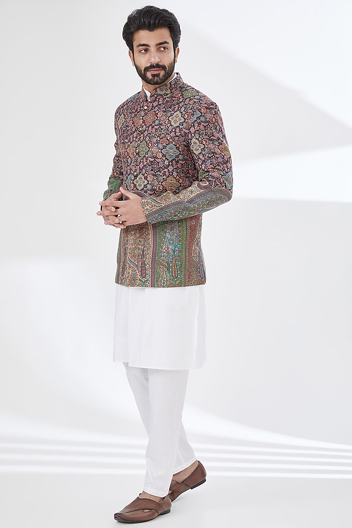 Multi-Colored Polyester Yarn Printed & Embroidered Bandhgala by TushPosh
