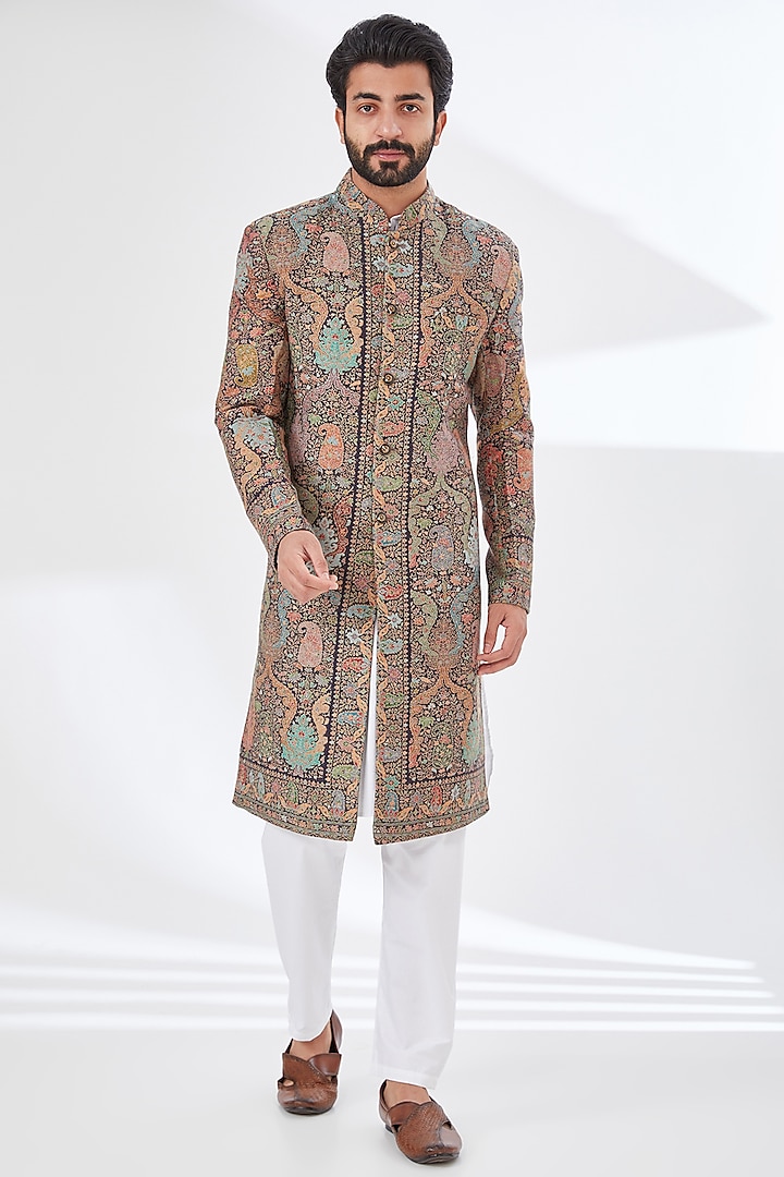 Multi-Colored Polyester Yarn Printed & Embroidered Sherwani by TushPosh at Pernia's Pop Up Shop