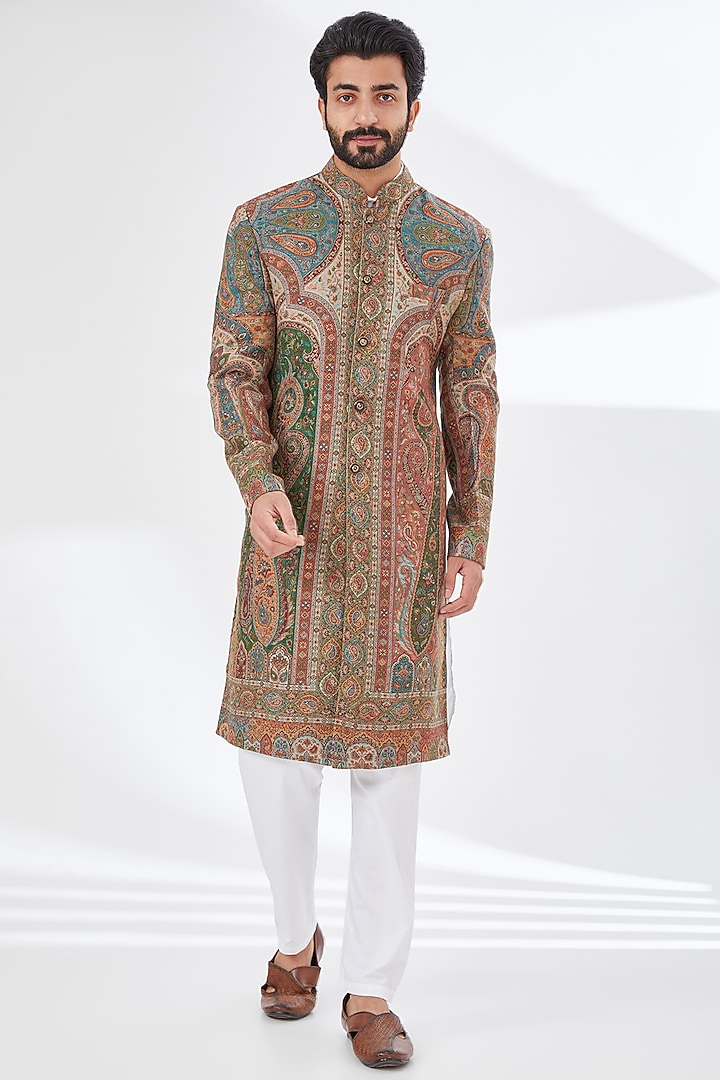 Beige Polyester Yarn Printed & Embroidered Sherwani by TushPosh at Pernia's Pop Up Shop