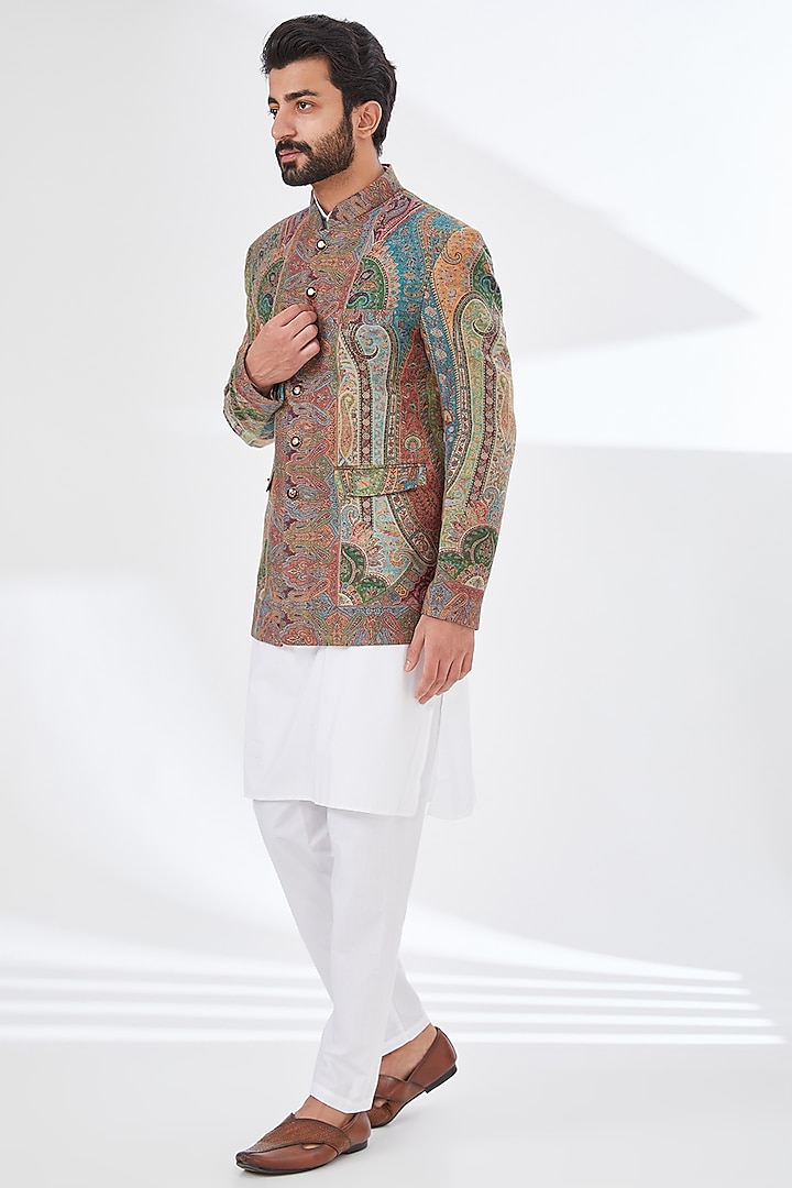 Multi-Colored Polyester Yarn Printed & Embroidered Bandhgala by TushPosh