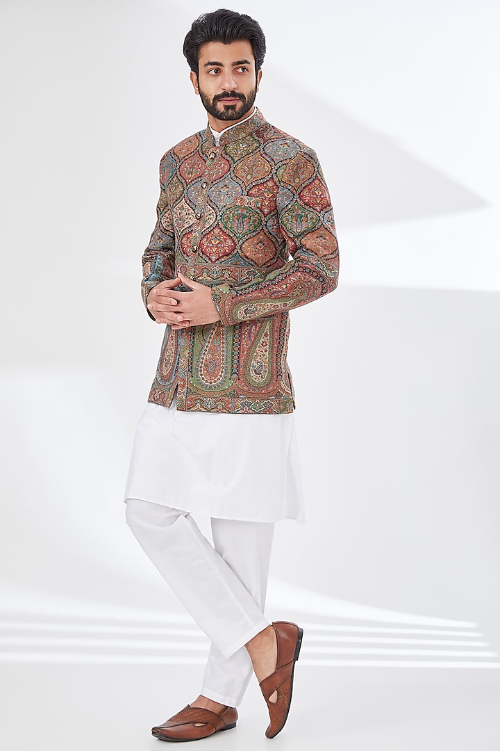 Multi-Colored Polyester Yarn Printed & Embroidered Bandhgala by TushPosh