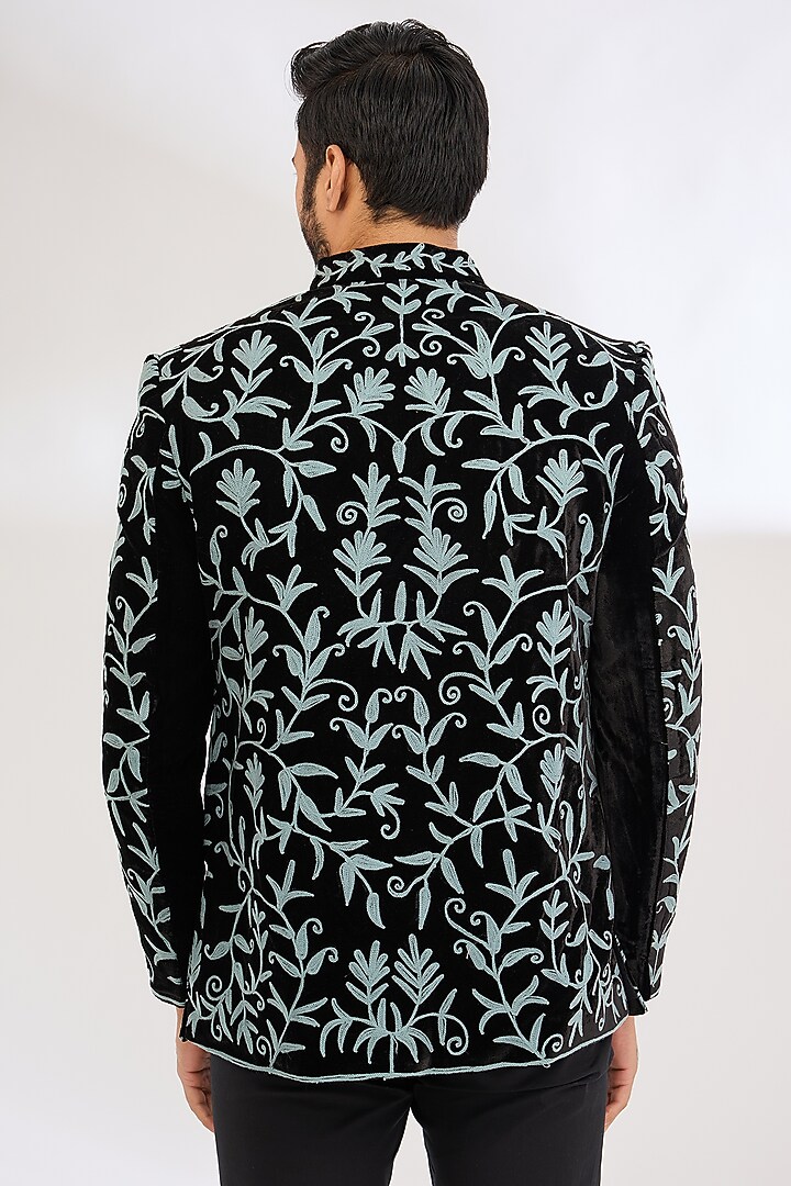 Black Velvet Wool & Aari Embroidered Bandhgala by TushPosh at Pernia's Pop Up Shop