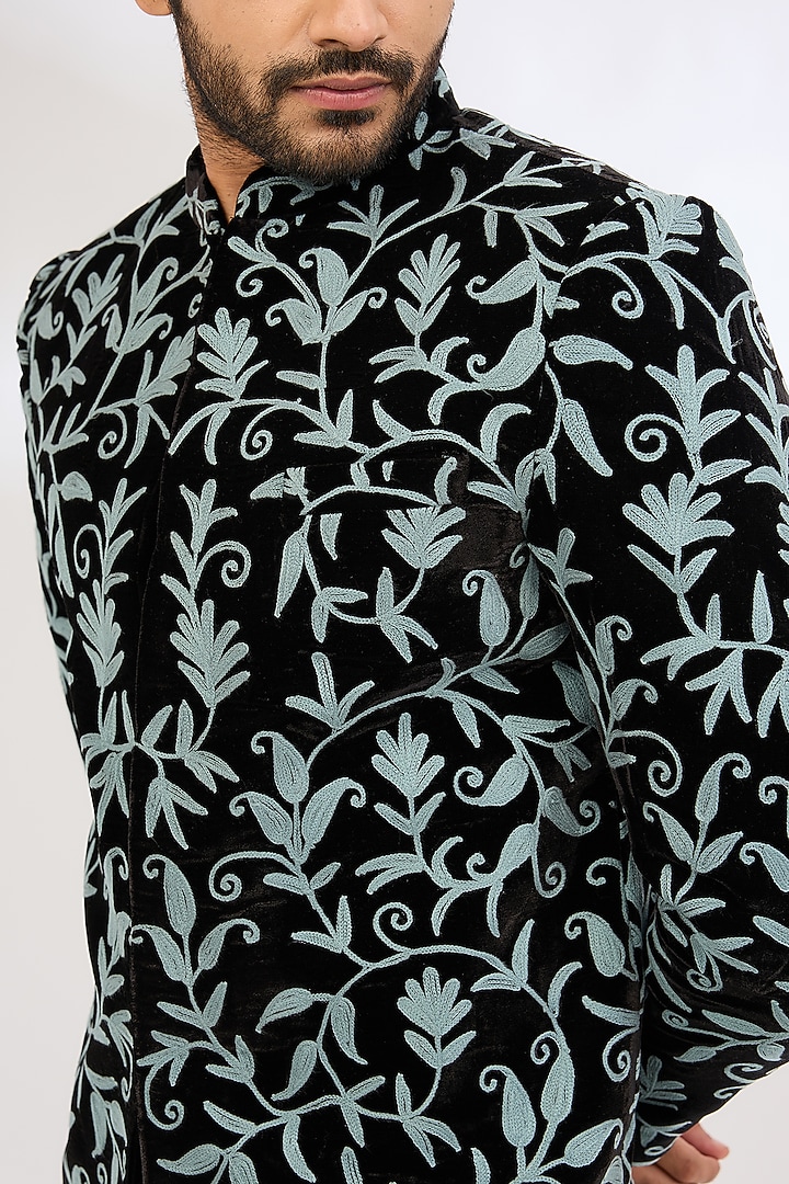 Black Velvet Wool & Aari Embroidered Bandhgala by TushPosh at Pernia's Pop Up Shop