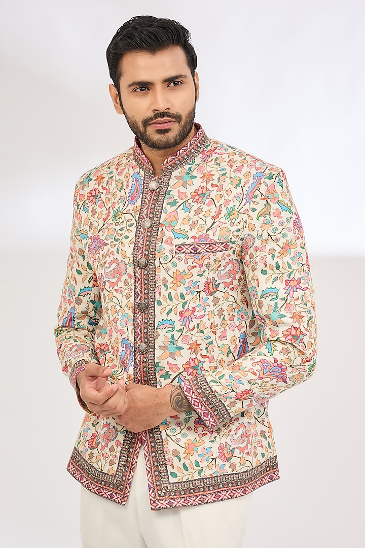 White Polyester Aari Embroidered & Kalamkari Printed Bandhgala by TushPosh