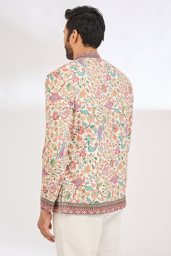 White Polyester Aari Embroidered & Kalamkari Printed Bandhgala by TushPosh at Pernia's Pop Up Shop