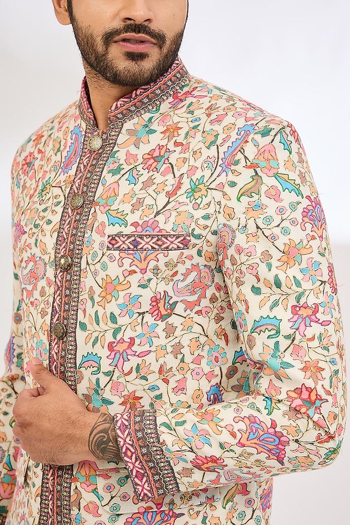 White Polyester Aari Embroidered & Kalamkari Printed Bandhgala by TushPosh at Pernia's Pop Up Shop