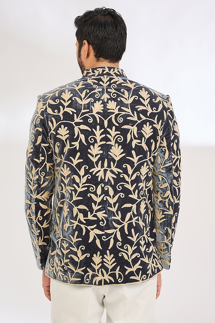 Grey Velvet Aari Embroidered Bandhgala by TushPosh at Pernia's Pop Up Shop