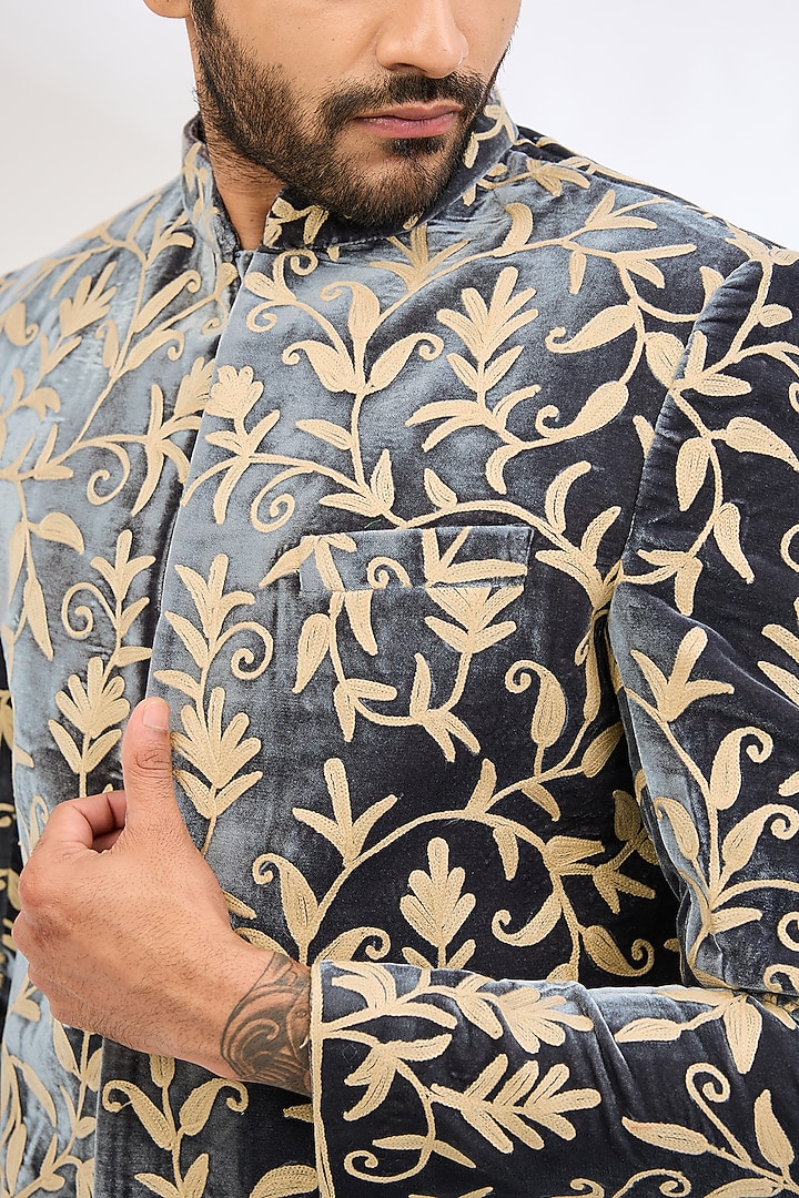 Grey Velvet Aari Embroidered Bandhgala by TushPosh at Pernia's Pop Up Shop