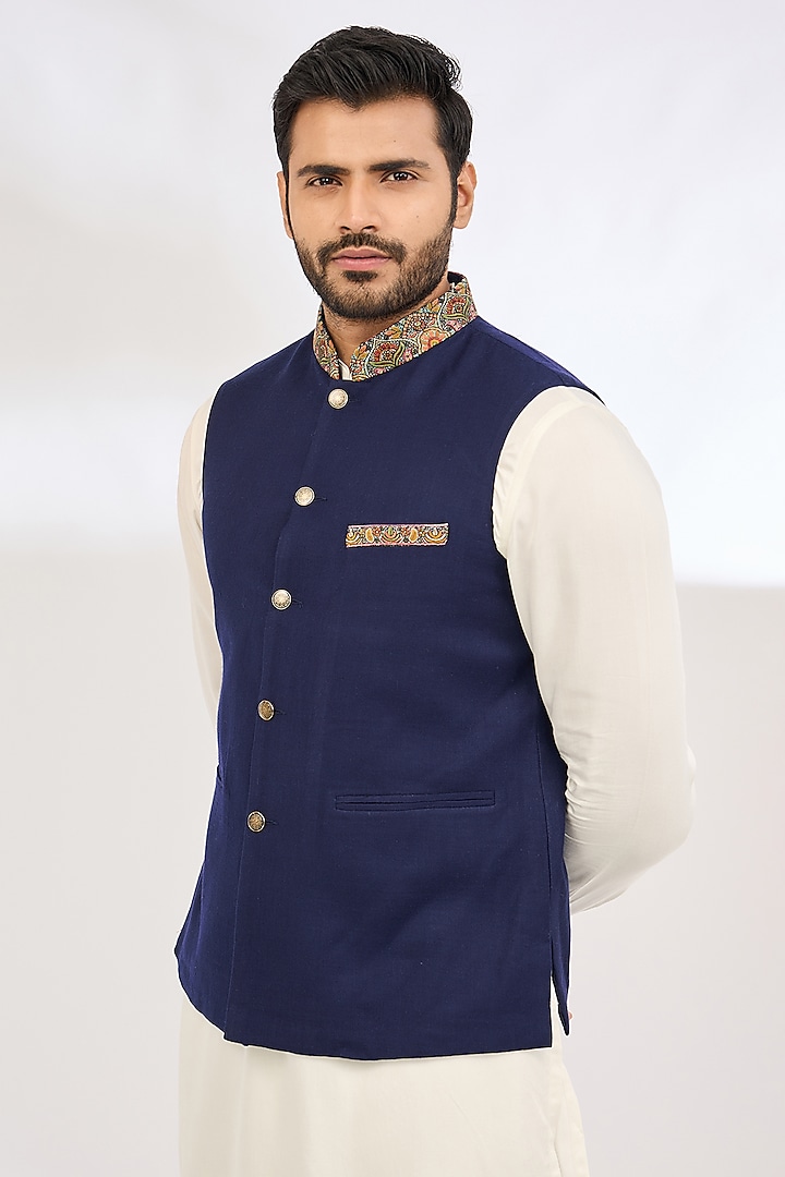 Blue Polyester Thread Embroidered Bundi Jacket by TushPosh