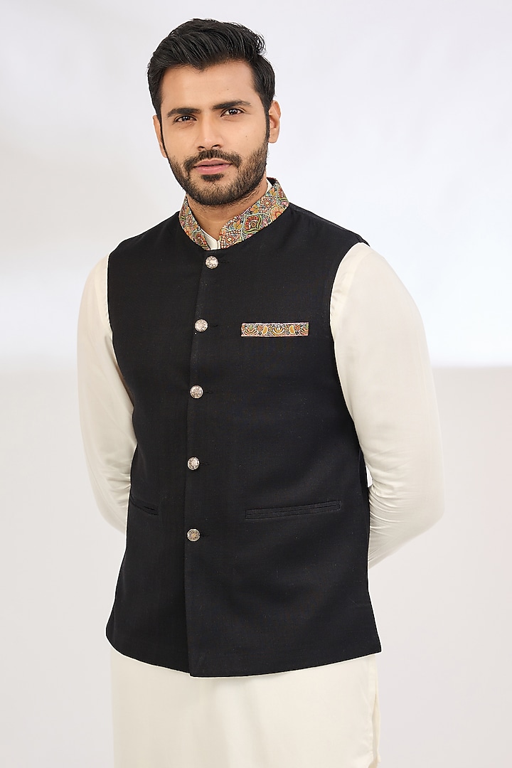 Black Polyester Thread Embroidered Bundi Jacket by TushPosh