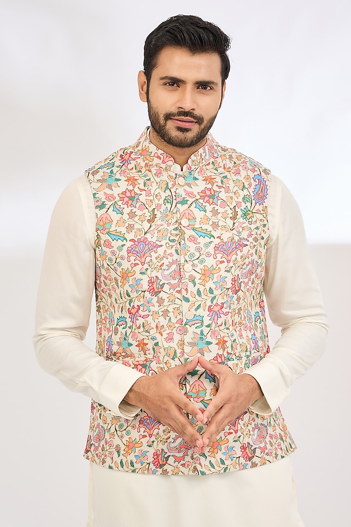 White Polyester Aari Embroidered & Kalamkari Printed Bundi Jacket by TushPosh