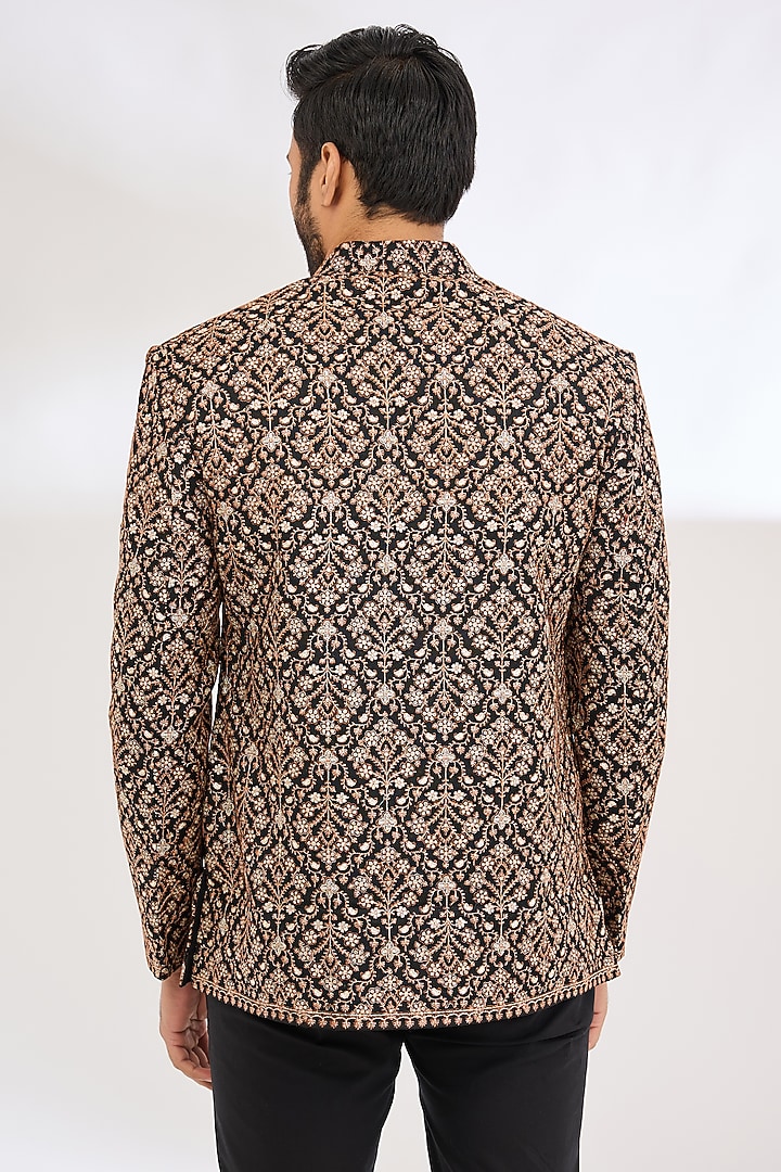 Black Polyester Thread & Zari Embroidered Wedding Bandhgala by TushPosh at Pernia's Pop Up Shop