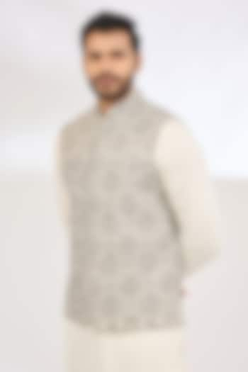 White Polyester Thread & Zari Embroidered Bundi Jacket by TushPosh